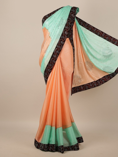 

Pothys Orange & Sea Green Striped Beads and Stones Saree
