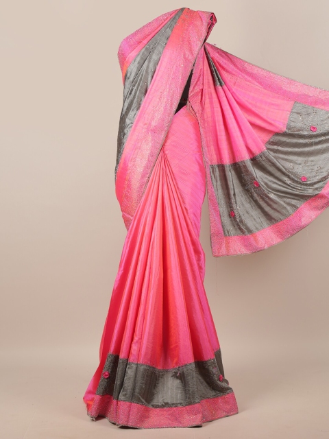 

Pothys Pink & Grey Colourblocked Art Silk Saree