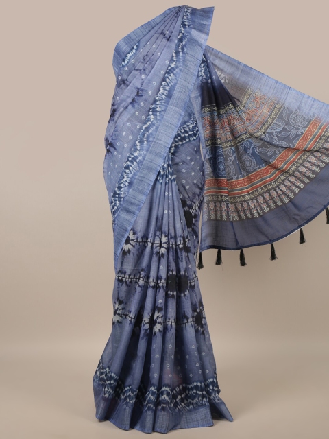 

Pothys Blue & White Bandhani Printed Zari Linen Blend Saree
