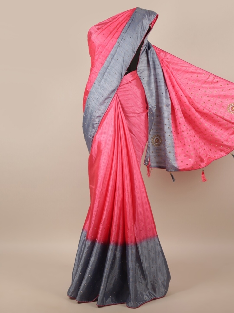 

Pothys Pink & Grey Embellished Beads & Stones Art Silk Saree