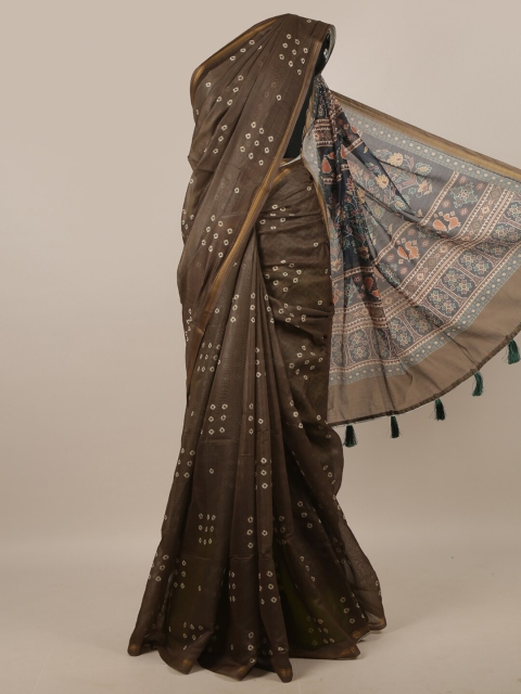 

Pothys Brown & Gold-Toned Bandhani Zari Linen Blend Saree