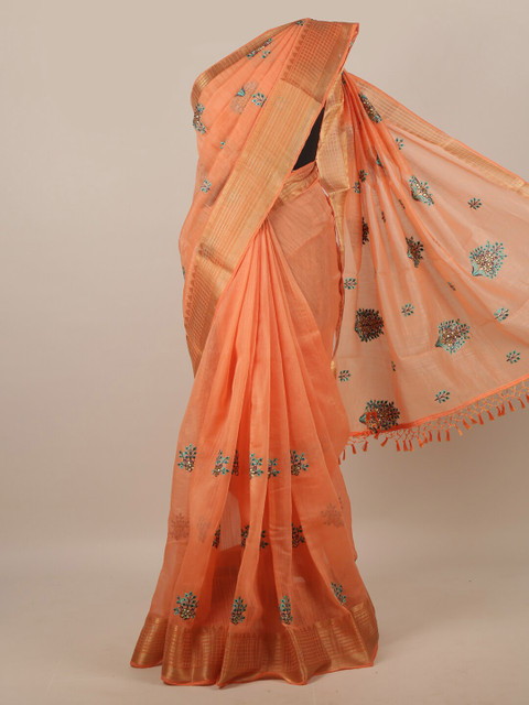 

Pothys Orange & Green Floral Zari Saree