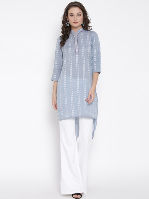 

Biba Women Blue Woven Design Straight High-Low Denim Kurta