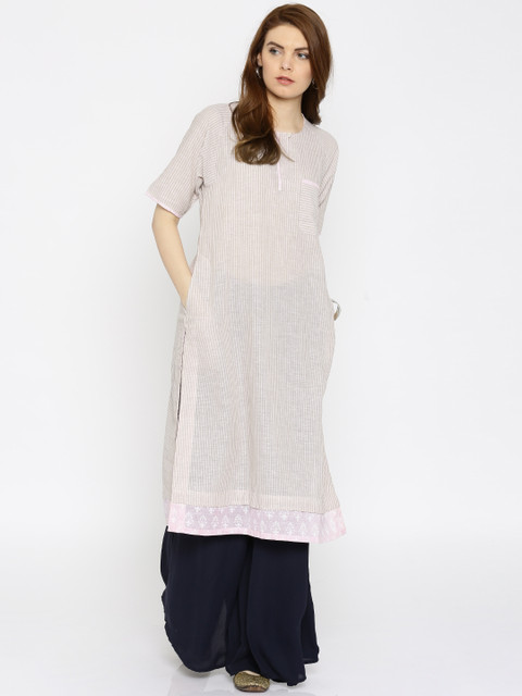 

Biba Women Beige Woven Design Linen Straight Kurta