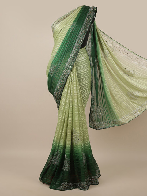 

Pothys Green & Silver-Toned Striped Saree