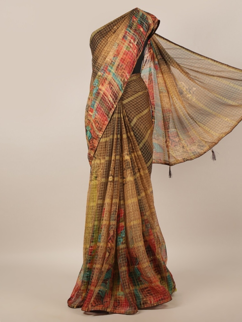 

Pothys Brown & Gold-Toned Floral Beads and Stones Saree