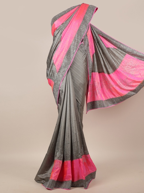 

Pothys Grey & Pink Embellished Beads and Stones Art Silk Saree