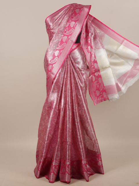 

Pothys Pink & Silver-Toned Woven Designed Jute Silk Saree