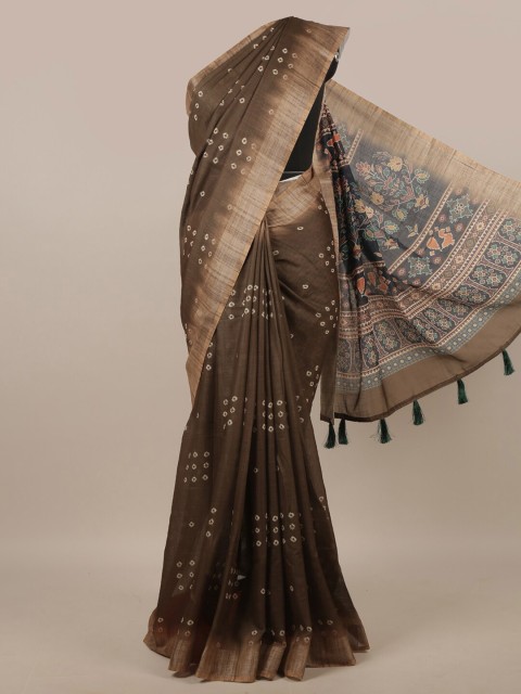 

Pothys Brown & White Bandhani Zari Linen Blend Saree