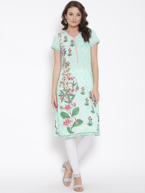 

Biba Women Sea Green Printed Straight Kurta