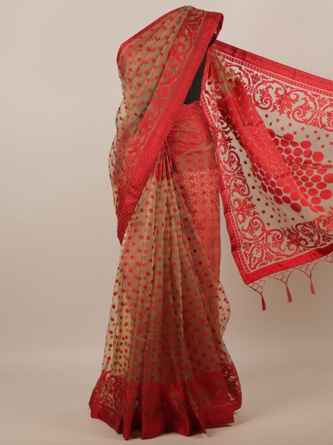 

Pothys Brown & Red Ethnic Motifs Tissue Saree