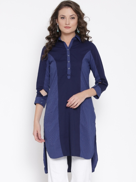 

Biba Women Navy Woven Design Straight High-Low Kurta, Navy blue