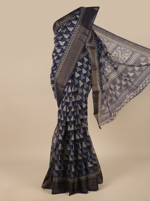 

Pothys Navy Blue & Grey Printed Zari Saree