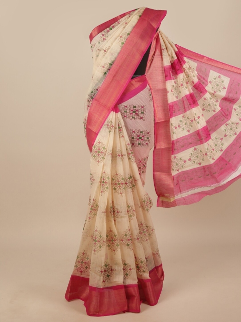 

Pothys Cream-Coloured & Pink Zari Saree