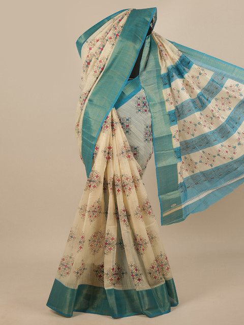 

Pothys Cream-Coloured & Blue Zari Saree
