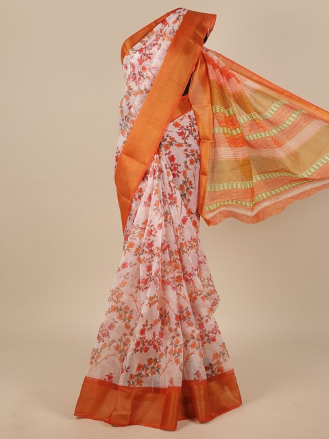 

Pothys White & Orange Floral Printed Zari Saree