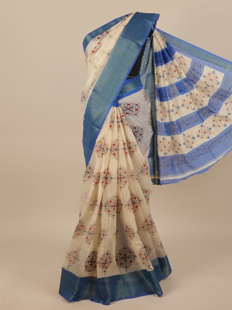 

Pothys Cream-Coloured & Blue Zari Saree