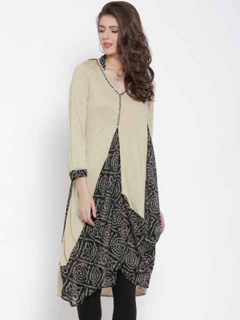 

Biba Women Beige Bandhani Print line Straight Kurta