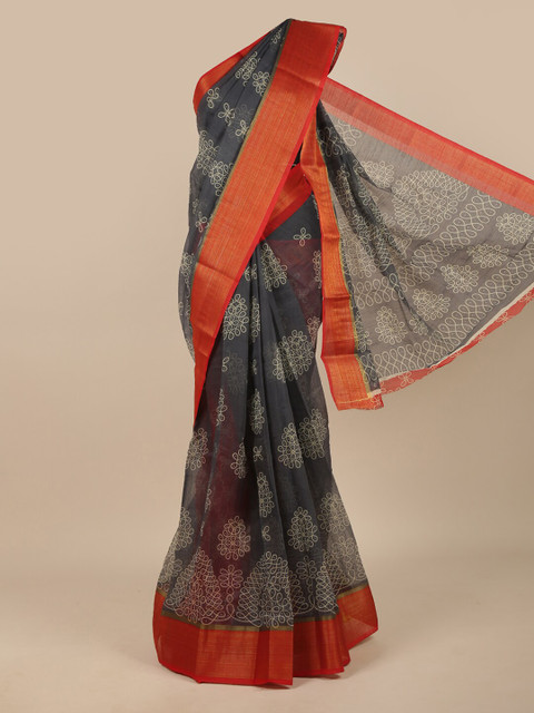 

Pothys Grey & Red Ethnic Motifs Zari Saree