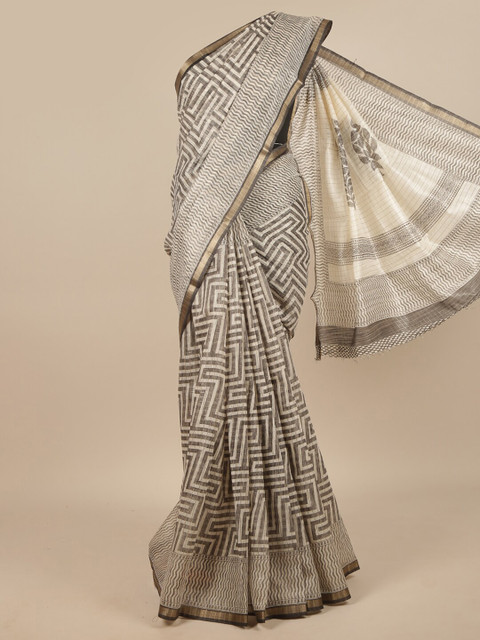 

Pothys Cream-Coloured & Gold-Toned Jute Silk Saree