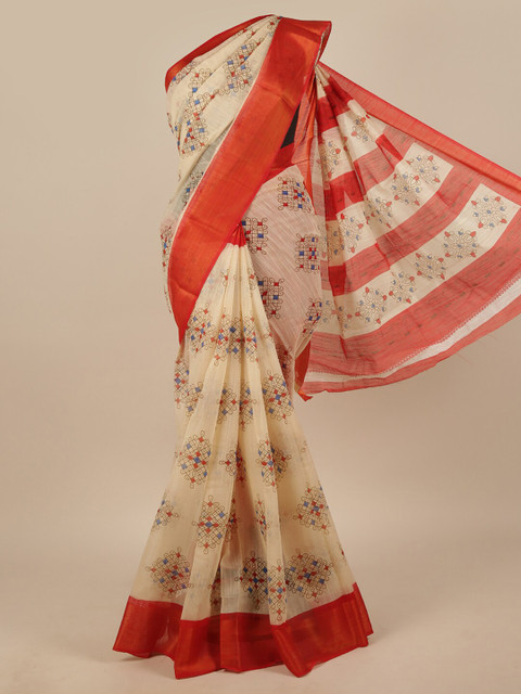 

Pothys Cream-Coloured & Red Zari Saree