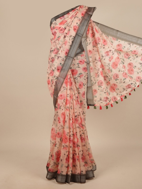 

Pothys Peach-Coloured & Grey Floral Zari Linen Blend Saree