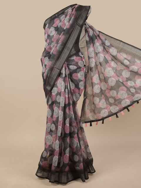 

Pothys Grey & Pink Floral Zari Linen Blend Saree