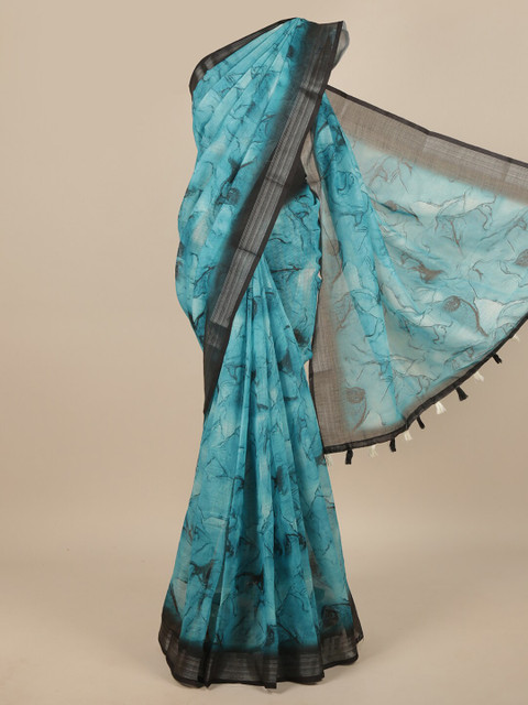 

Pothys Blue & Grey Zari Linen Blend Saree