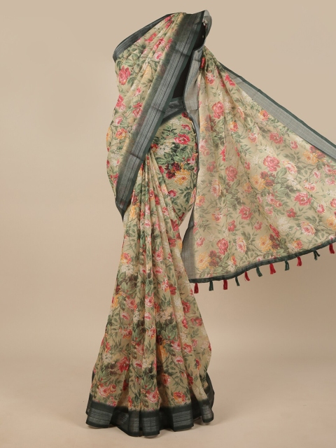 

Pothys Beige & Green Floral Zari Linen Blend Saree