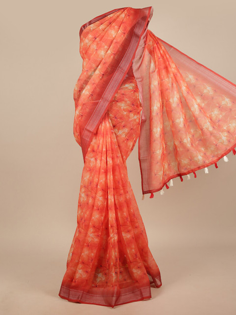 

Pothys Orange & Red Zari Linen Blend Saree