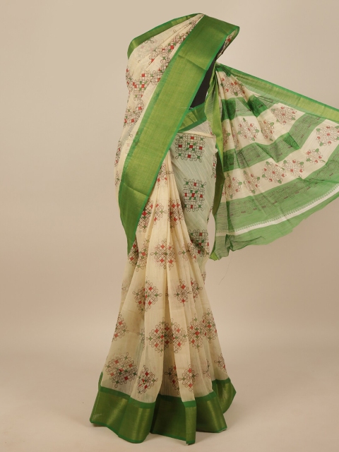 

Pothys Cream-Coloured & Green Ethnic Motifs Zari Saree