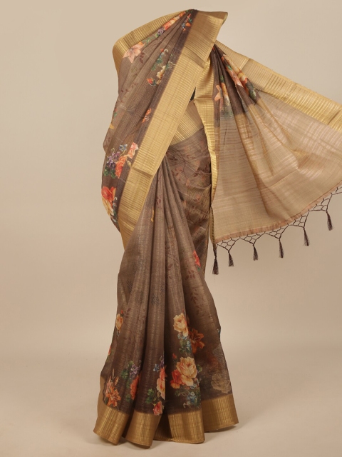 

Pothys Brown & Red Floral Zari Jute Silk Saree