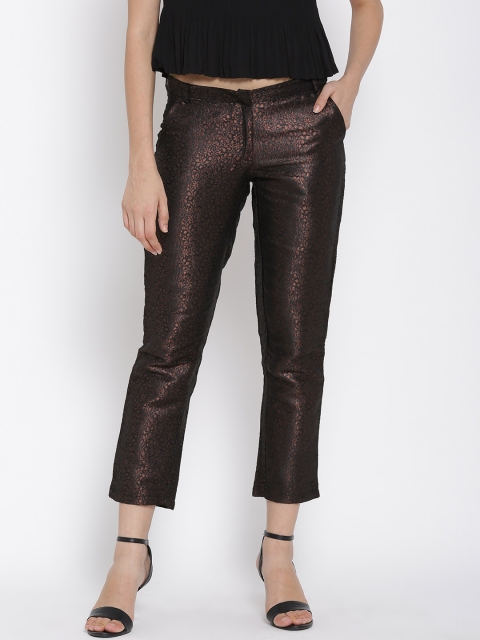 

Biba Women Black & Copper-Coloured Self-Design Flat-Front Cropped Trousers
