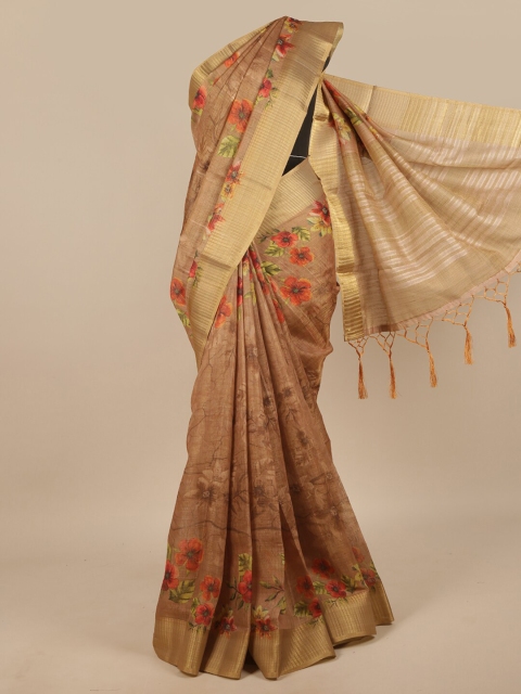 

Pothys Brown & Red Floral Zari Jute Silk Saree