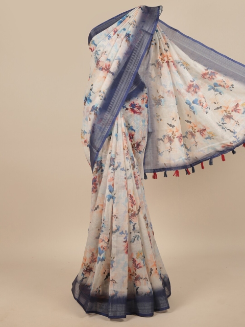 

Pothys Cream-Coloured & Blue Floral Zari Linen Blend Saree