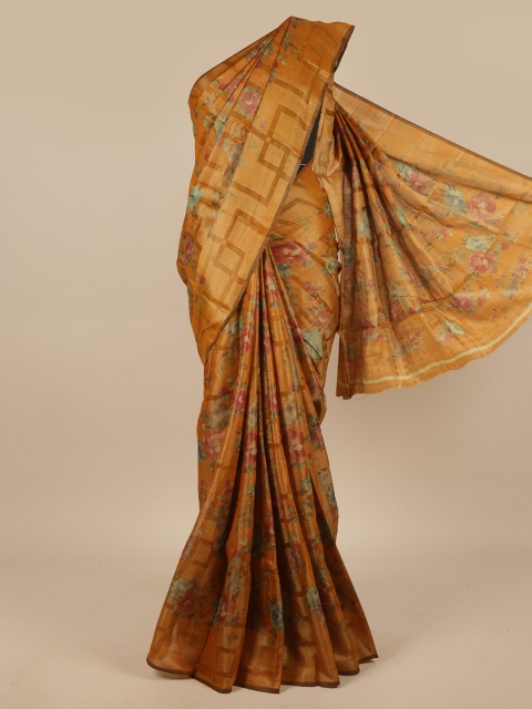 

Pothys Mustard & Pink Floral Jute Silk Saree