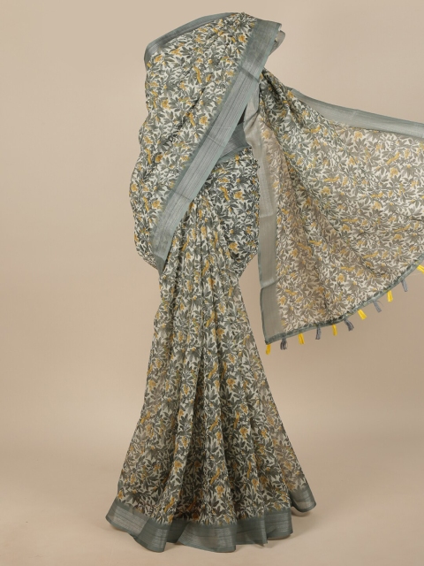 

Pothys White & Grey Floral Zari Linen Blend Saree