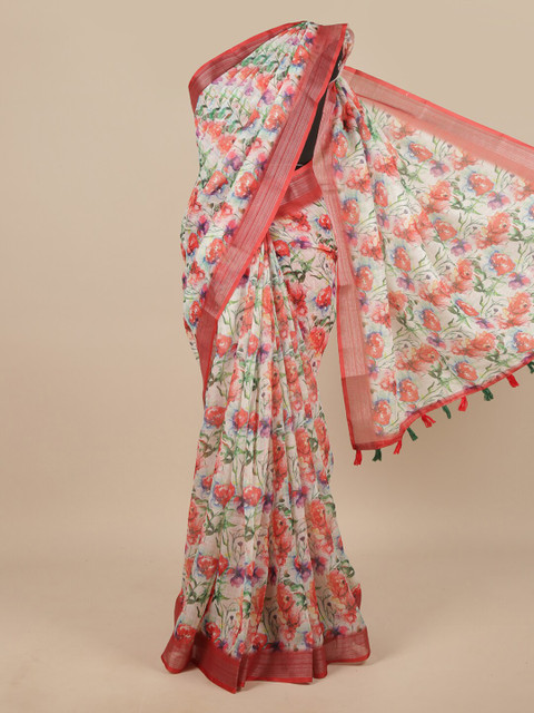 

Pothys Cream-Coloured & Red Floral Zari Linen Blend Saree