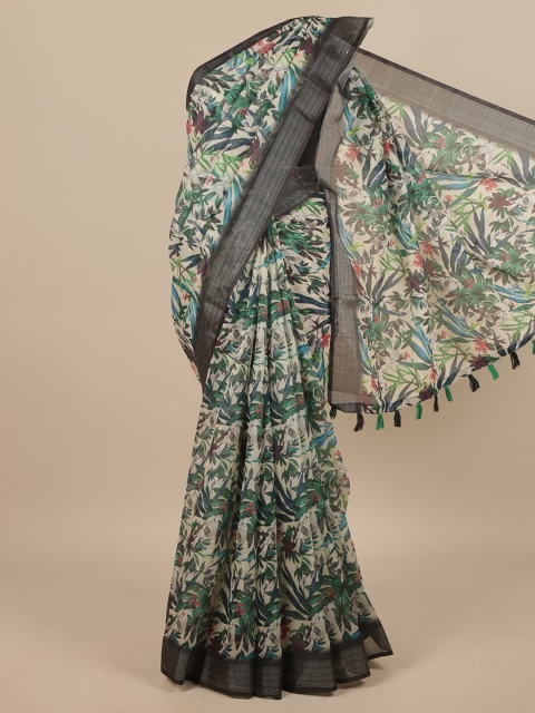 

Pothys Cream-Coloured & Blue Floral Zari Linen Blend Saree