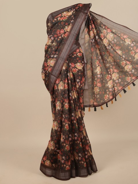 

Pothys Brown & Orange Floral Zari Linen Blend Saree