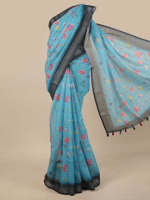 

Pothys Blue & Black Floral Zari Linen Blend Saree