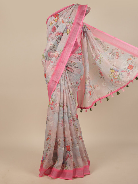 

Pothys Grey & Pink Floral Zari Linen Blend Saree