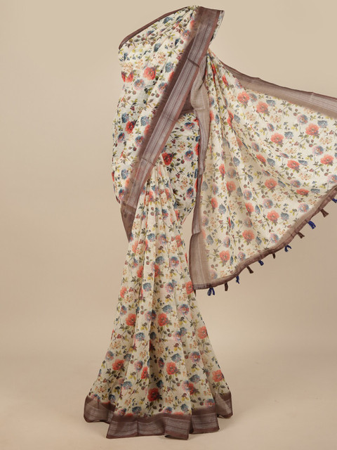 

Pothys Cream-Coloured & Brown Floral Zari Linen Blend Saree