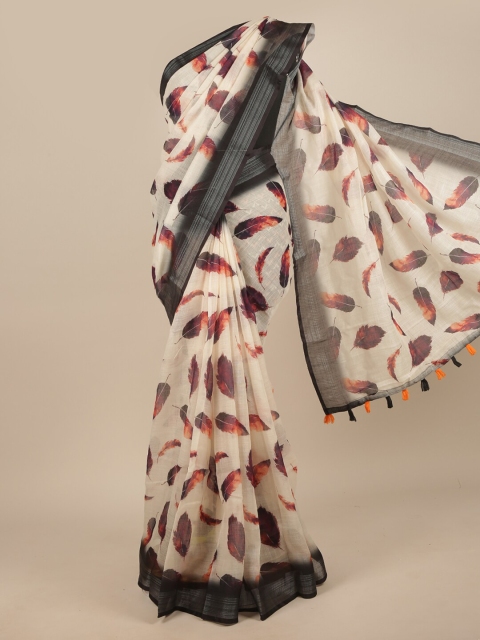 

Pothys Cream-Coloured & Black Floral Zari Linen Blend Saree