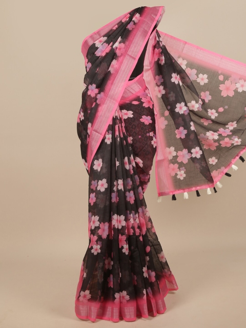 

Pothys Black & Pink Floral Zari Linen Blend Saree