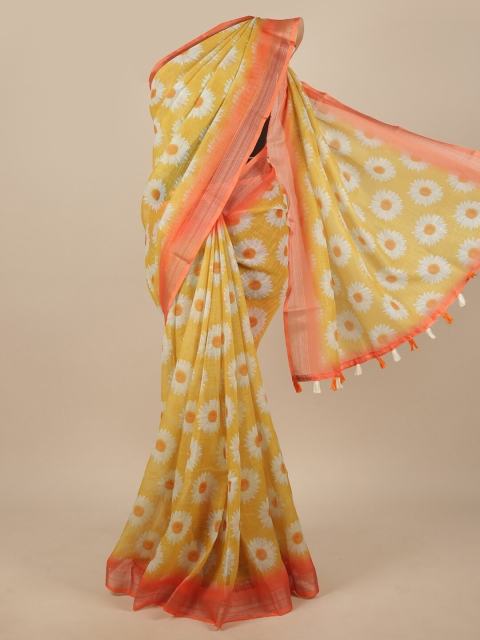 

Pothys Yellow & White Floral Zari Linen Blend Saree