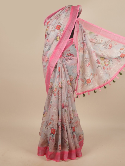 

Pothys Grey & Pink Floral Zari Linen Blend Saree