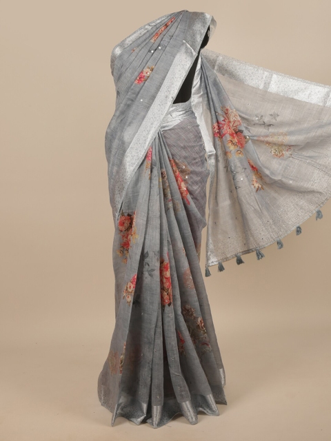 

Pothys Grey & Red Floral Zari Jute Silk Saree