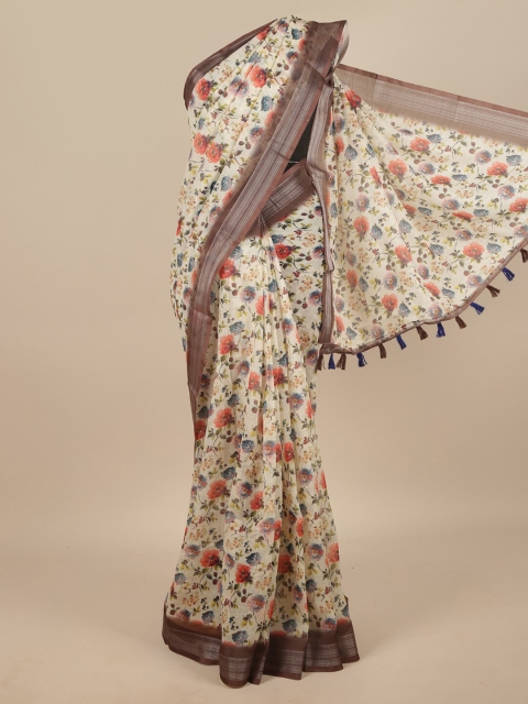 

Pothys Cream-Coloured & Brown Floral Zari Linen Blend Saree