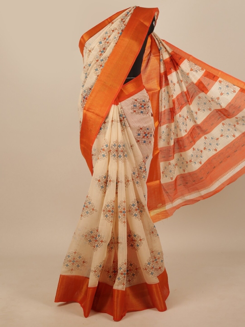 

Pothys Cream-Coloured & Orange Zari Saree
